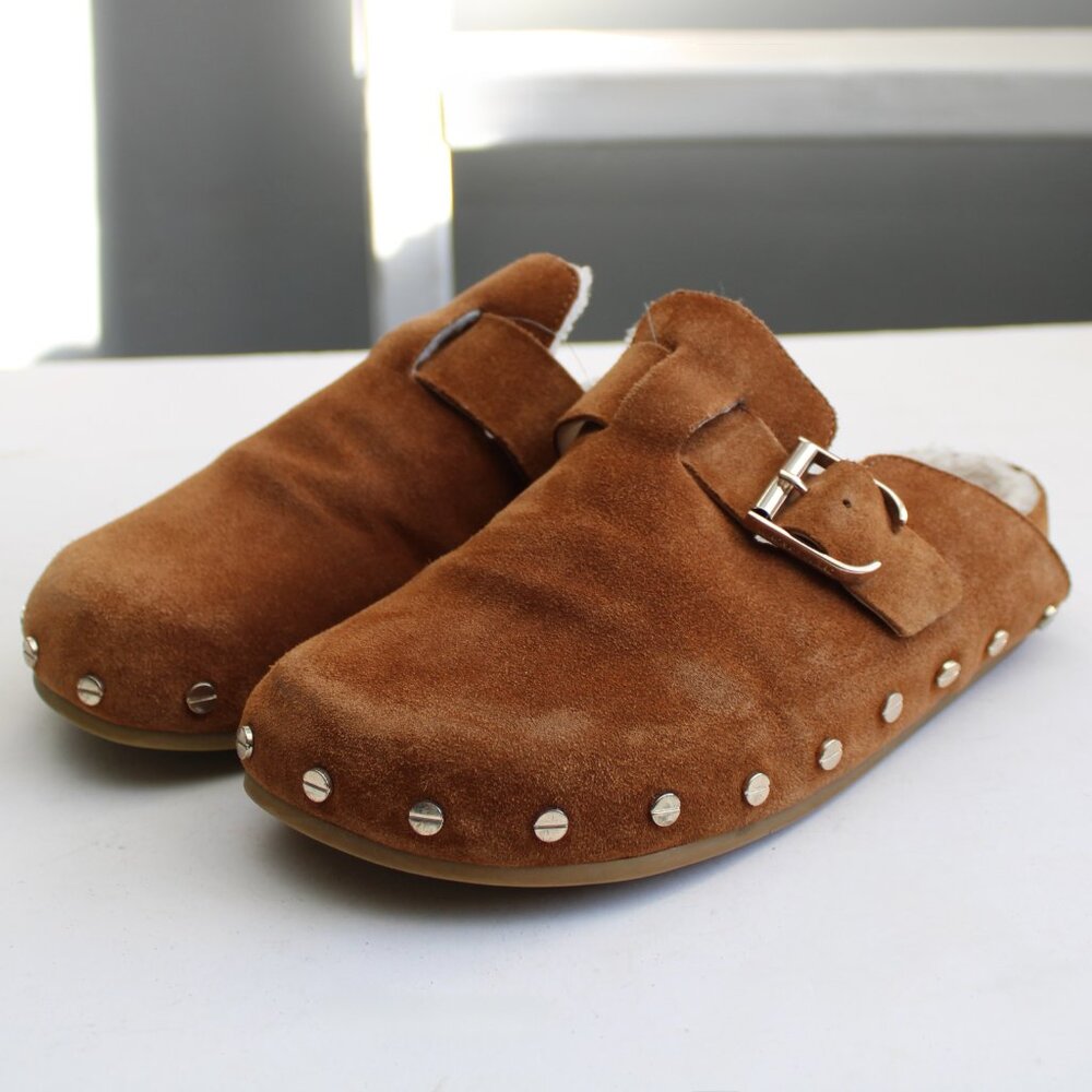 Veronica Beard Caramel Brown Fern-2 Studded Clog Suede Buckle Clogs Flats Size 6